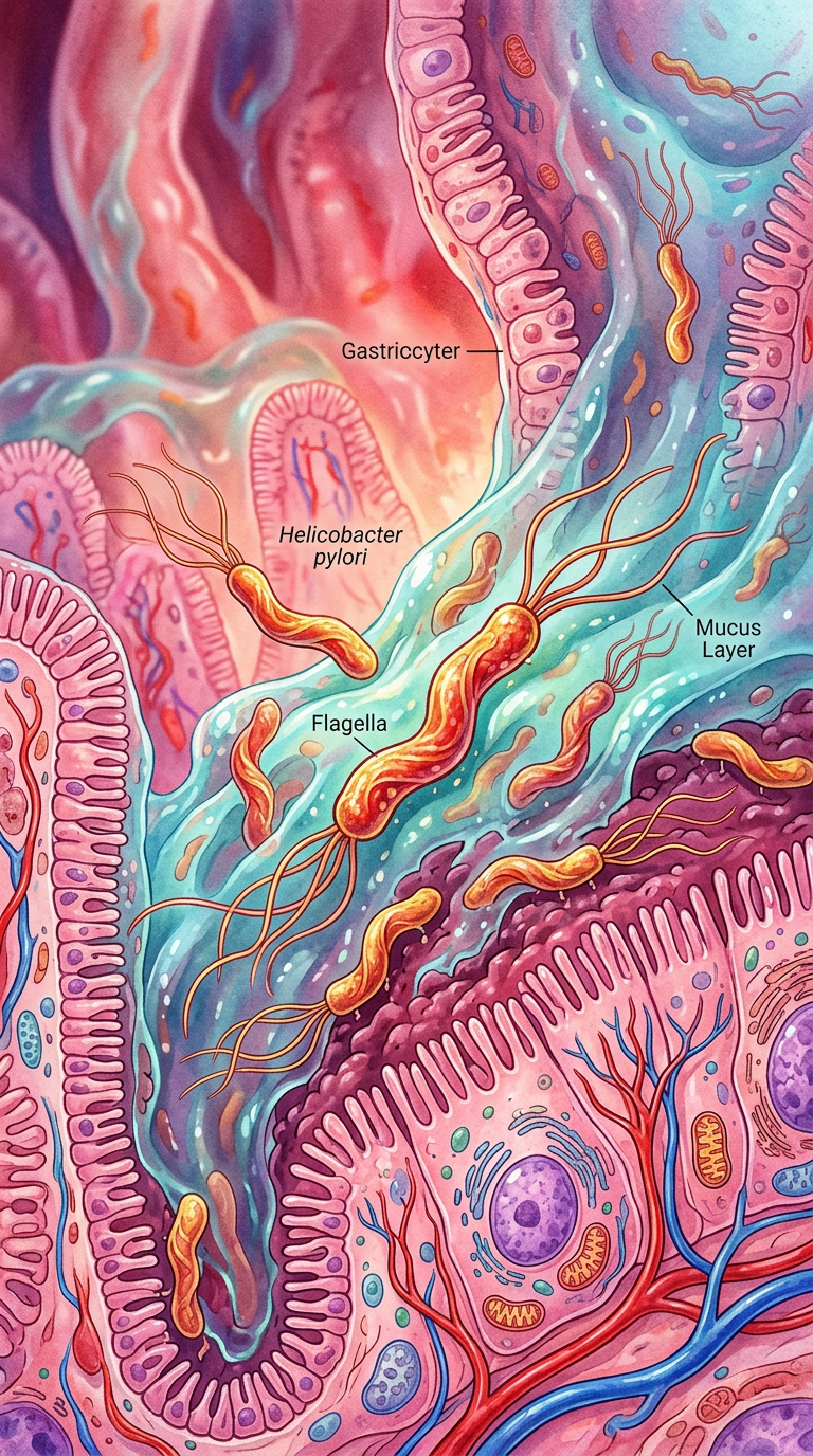 Helicobacter pylori bacteria with flagella in the mucus layer close to gastric cells.