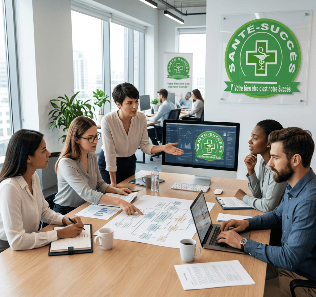 Five professionals discussing project plans with Santé-Succès logo displayed on screen and wall